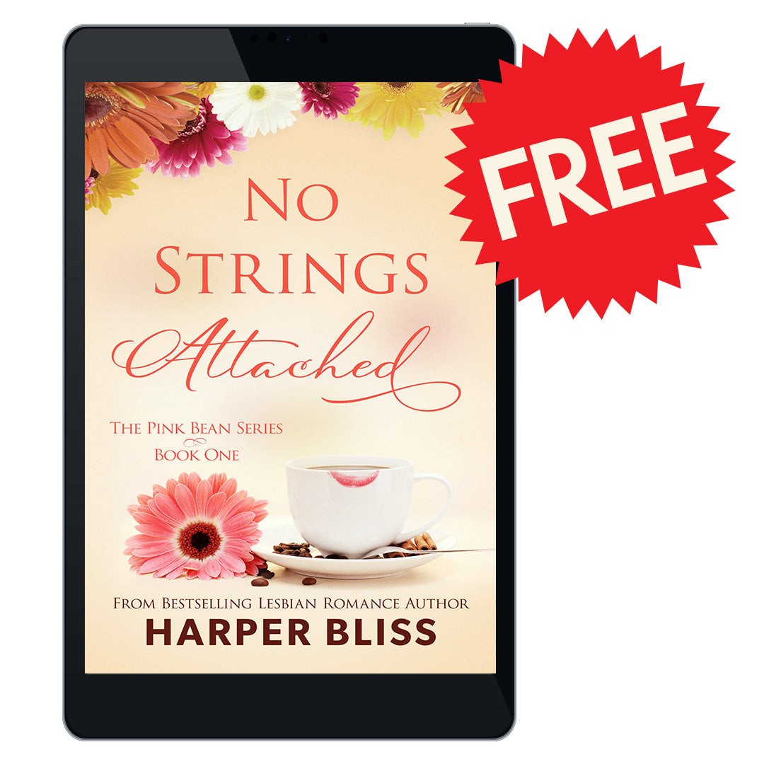 An ereader with the cover of No Strings Attached, book 1 in the Pink Bean Series, by Harper Bliss. In the top right corner is a red star sticker with the white text 'FREE'.