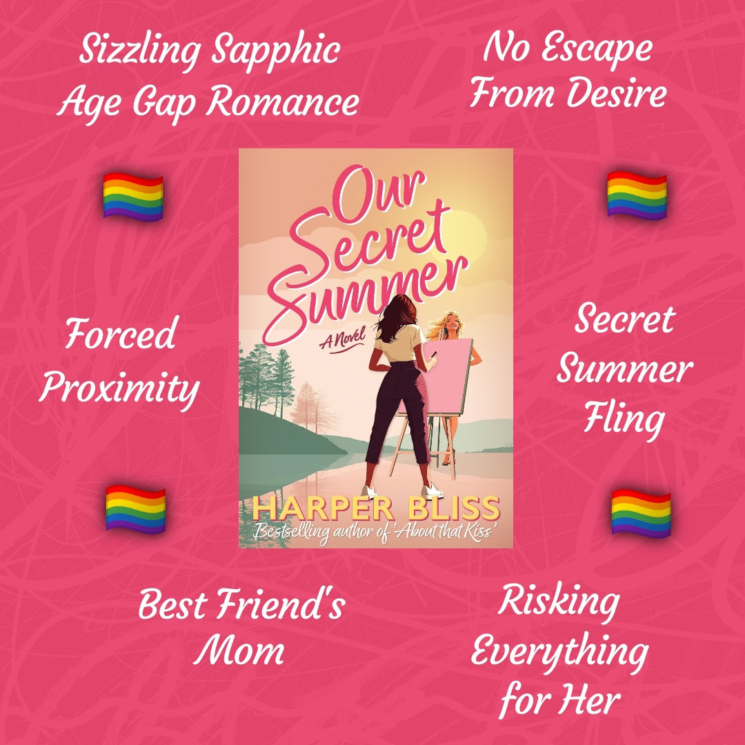 A pink square background with in the middle the cover image of Our Secret Summer by Harper Bliss. Around the cover are six tropes of the book in white script font: Sizzling Sapphic Age Gap Romance; Forced Proximity; Best Friend's Mom; No Escape From Desire; Secret Summer Fling; Risking Everything for Her.. Between the tropes are little rainbow flags.