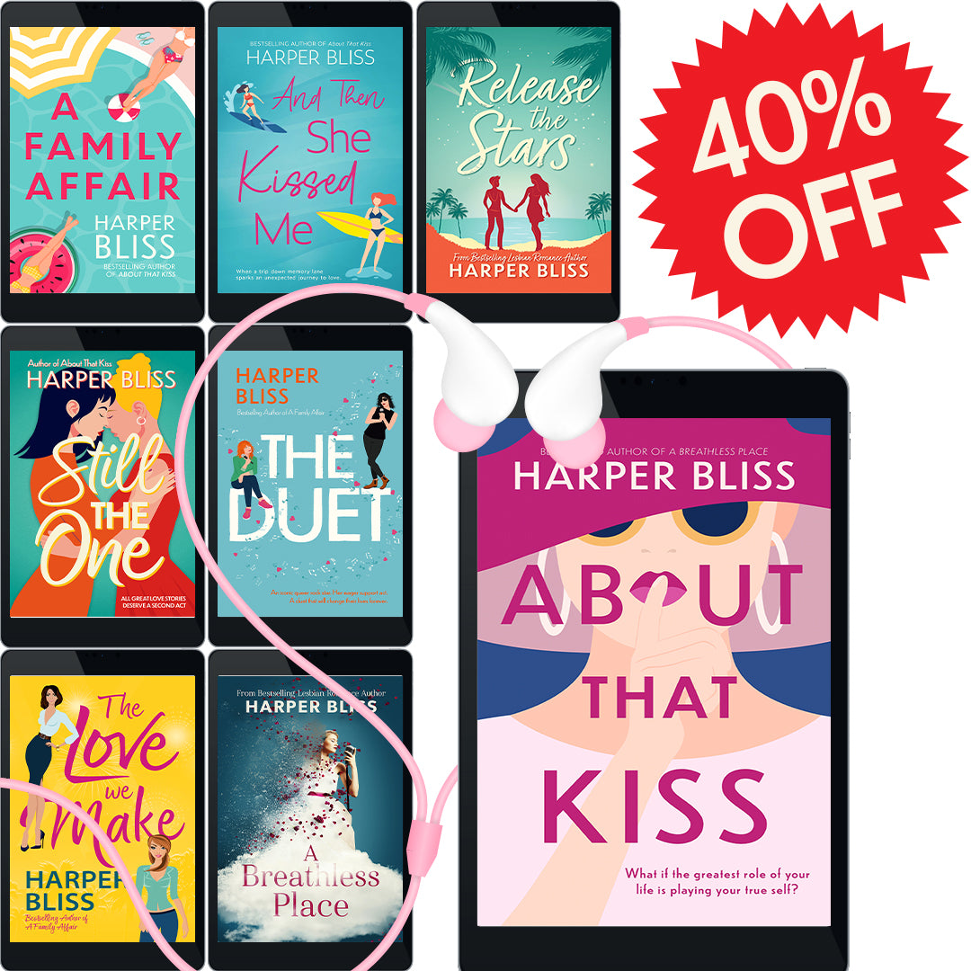 The BlissVerse Audiobook Bundle, 8 tablets each showing the cover of one book. A set of pink headphones is draped around one of the covers. The books shown are About That Kiss, A Family Affair, And Then She Kissed Me, Still the One, The Duet, The Love We Make, Release the Stars and A Breathless Place. In the top right corner of the image is a red star sticker with the white text "40% OFF".