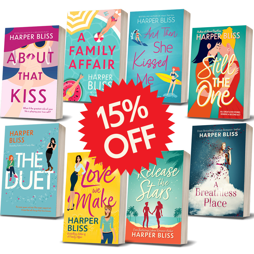 The BlissVerse Paperback Bundle, 8 print books. The books shown are About That Kiss, A Family Affair, And Then She Kissed Me, Still the One, The Duet, The Love We Make, Release the Stars and A Breathless Place. In the middle of the image is a red star sticker with the white text "15% OFF".