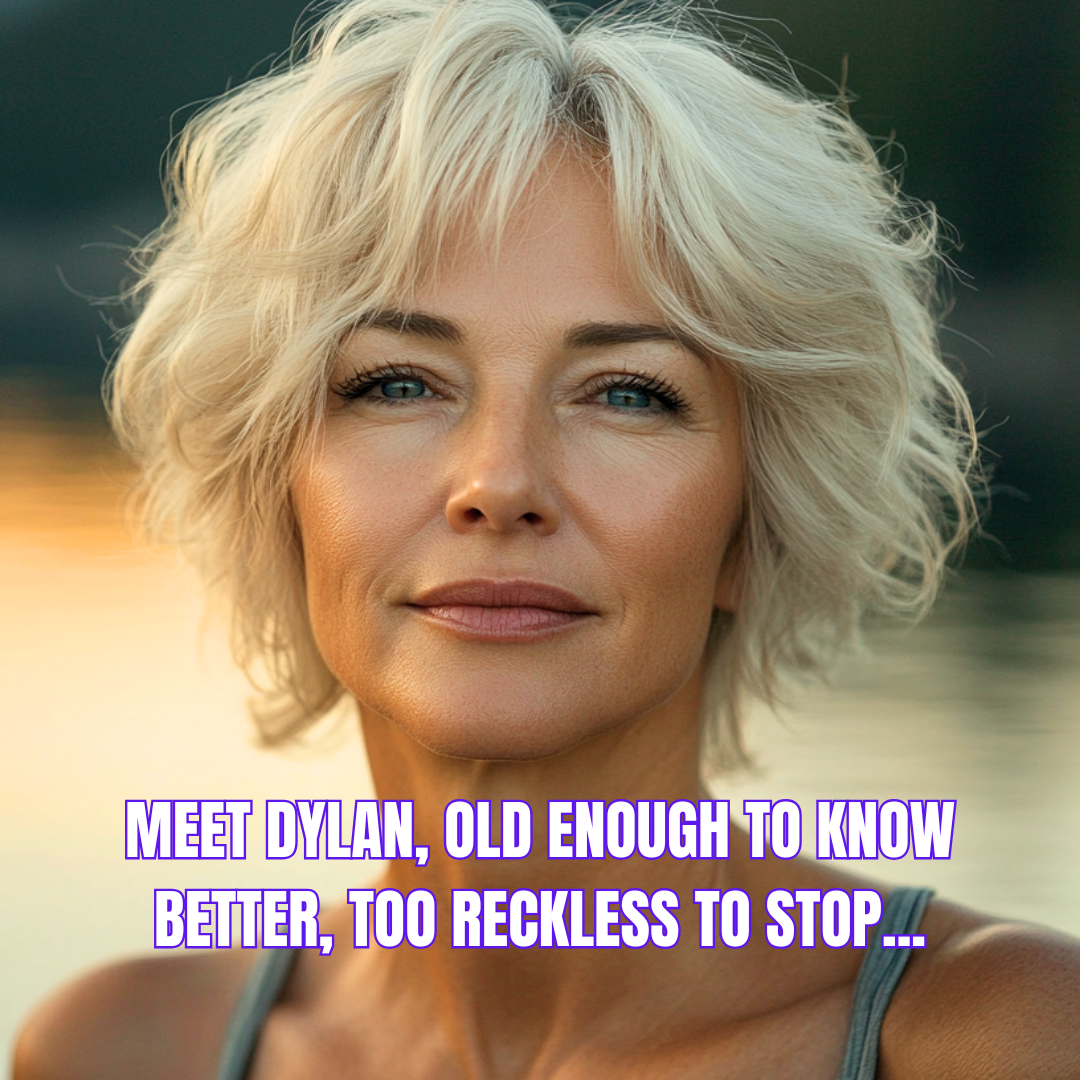 Portrait of Dylan from Our Secret Summer by Harper Bliss, a sapphic age-gap romance novel. A confident older woman with silver hair gazes at the camera, reflecting the novel’s themes of forbidden love and irresistible attraction. At the bottom of the image, in white block font it says: "Meet Dylan, old enough to know better, too reckless to stop..."