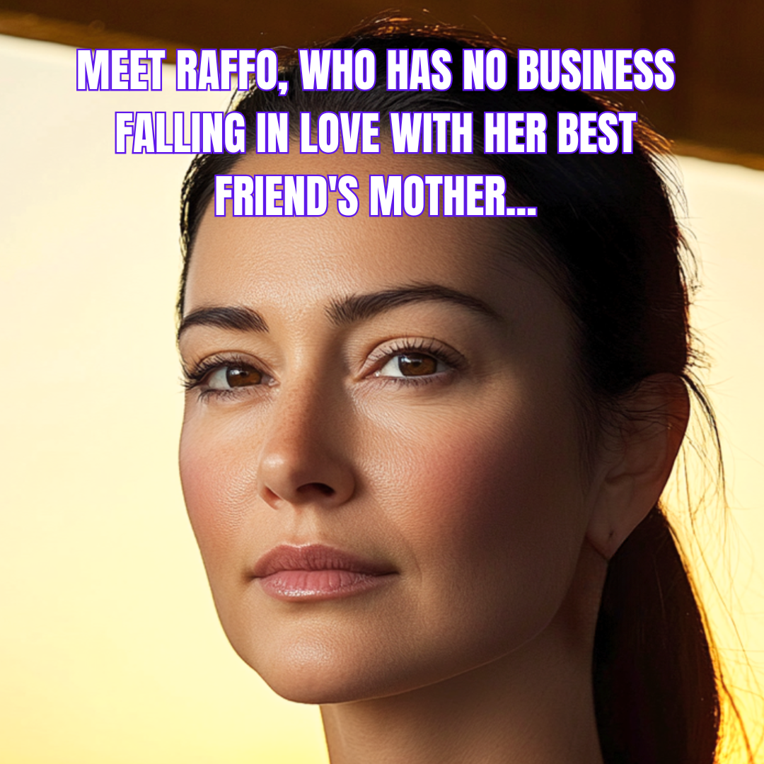 Portrait of Raffo from Our Secret Summer by Harper Bliss, a sapphic age-gap romance novel. A young woman with dark hair and a contemplative expression looks into the distance, capturing the novel’s themes of forbidden love and emotional longing. At the top of the image, in white block font it says: "Meet Raffo, who has no business falling in love with her best friend's mother..."